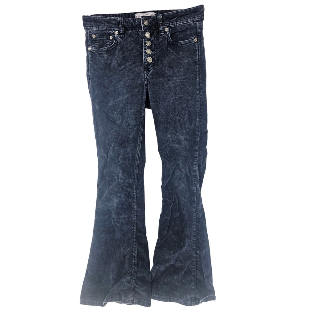 Free People Black pants Corduroy High Rise Button Fly Flare Boho Junior 25 3763